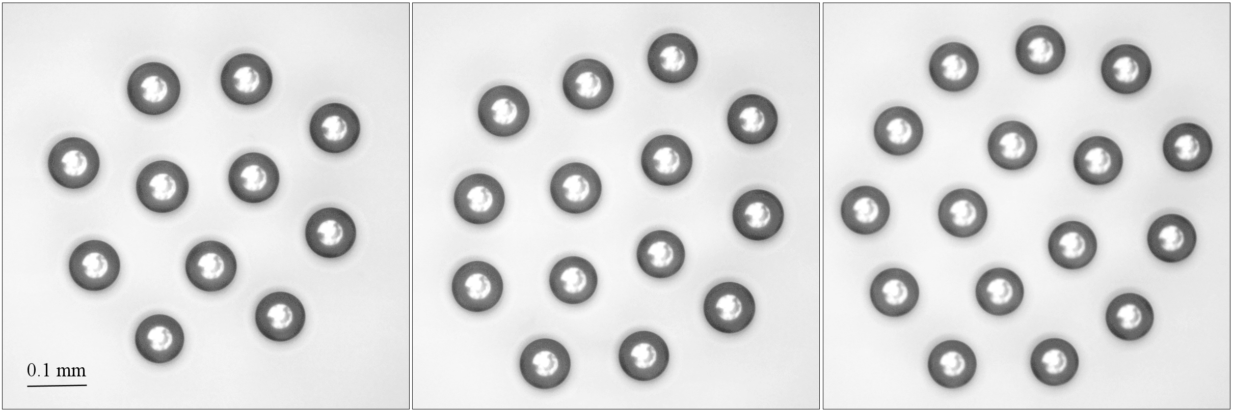 Typical small clusters of nearly identical droplets—clusters of 11, 14, and 16 droplets