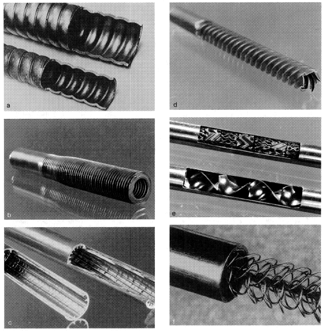 Enhanced tubes for augmentation of single-phase heat transfer. (a) Corrugated or spirally indented tube with internal protuberances. (b) Integral external fins. (c) Integral internal fins. (d) Deep spirally fluted tube. (e) Static mixer insert. (f) Wire-wound insert.