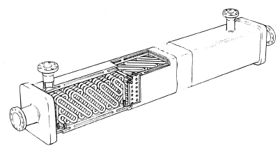 Schematic diagram of the SMR mixer-reactor. The product flows in the square channel, in which the mixing elements are arranged, constructed from tubing through which the heat transfer medium flows.